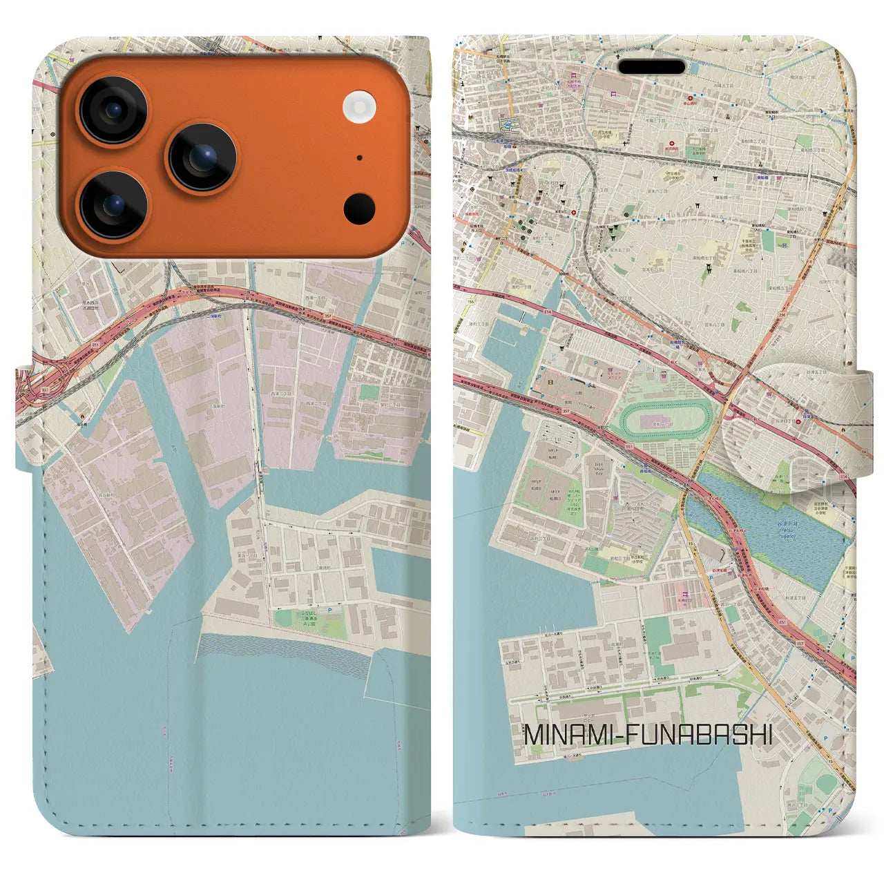 【南船橋(千葉県)】地図柄iPhoneケース(手帳タイプ)ナチュラル・iPhone 17 Pro Max 用