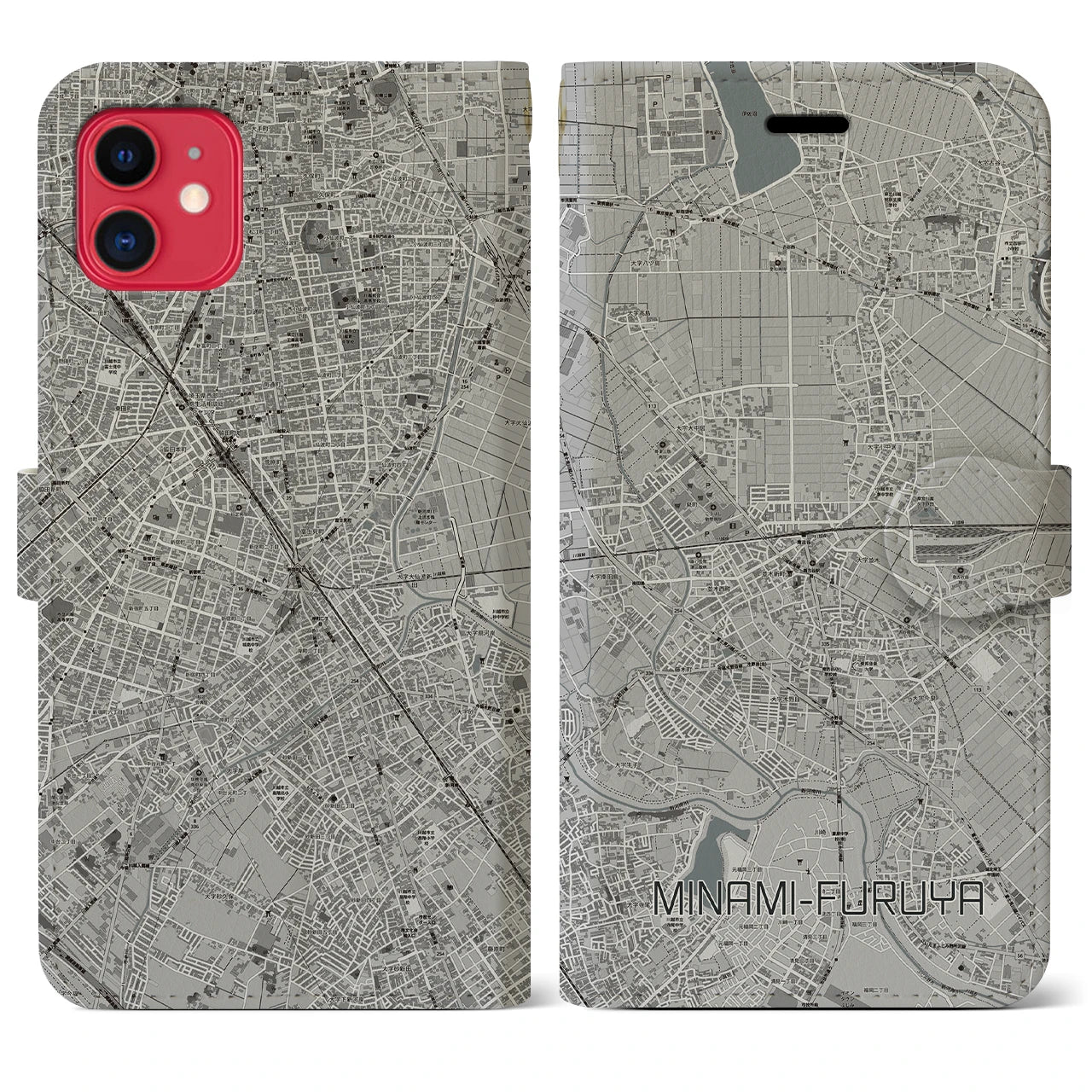 【南古谷(埼玉県)】地図柄iPhoneケース(手帳タイプ)モノトーン・iPhone 11 用