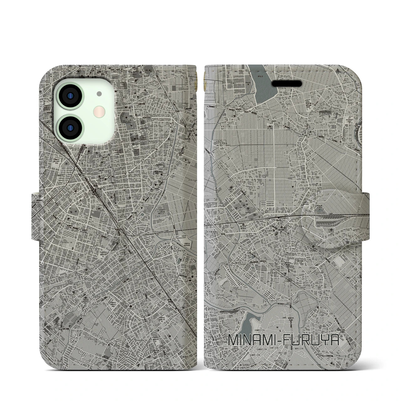 【南古谷(埼玉県)】地図柄iPhoneケース(手帳タイプ)モノトーン・iPhone 12 mini 用