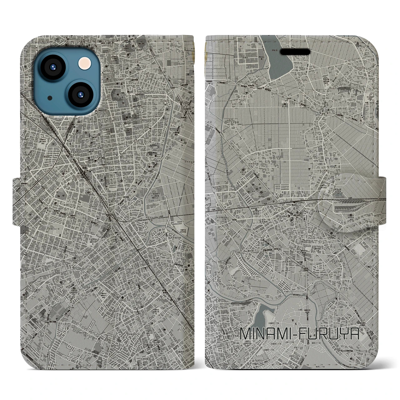 【南古谷(埼玉県)】地図柄iPhoneケース(手帳タイプ)モノトーン・iPhone 13 用