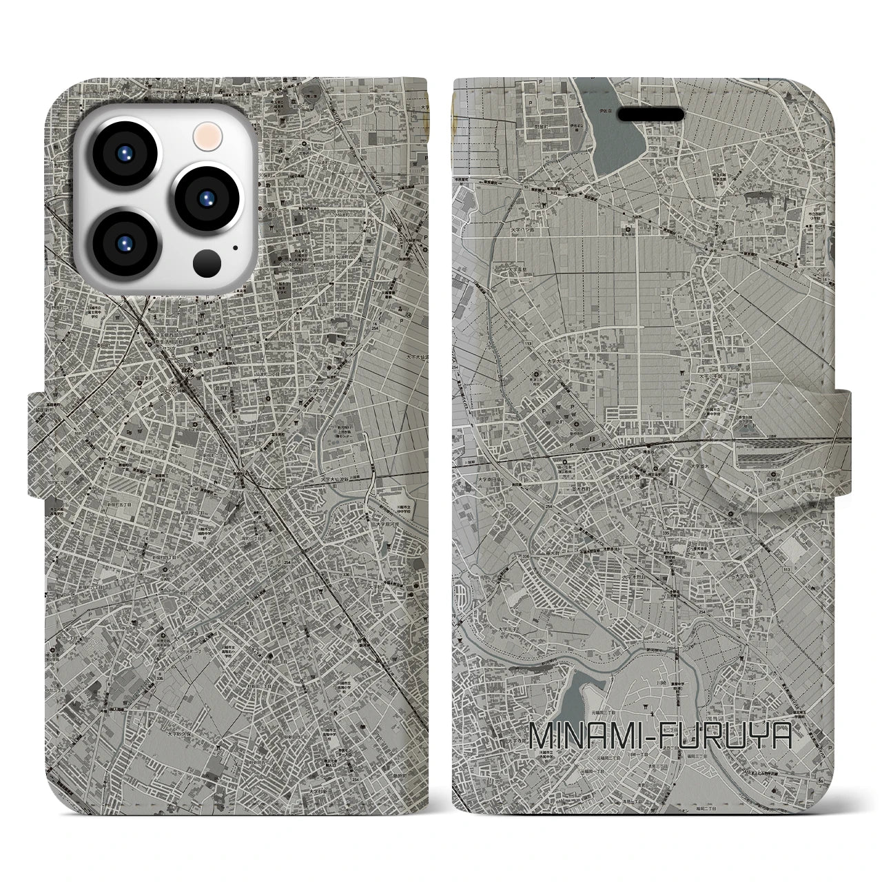 【南古谷(埼玉県)】地図柄iPhoneケース(手帳タイプ)モノトーン・iPhone 13 Pro 用