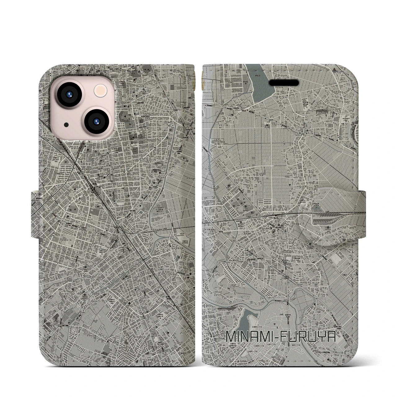 【南古谷(埼玉県)】地図柄iPhoneケース(手帳タイプ)モノトーン・iPhone 13 mini 用