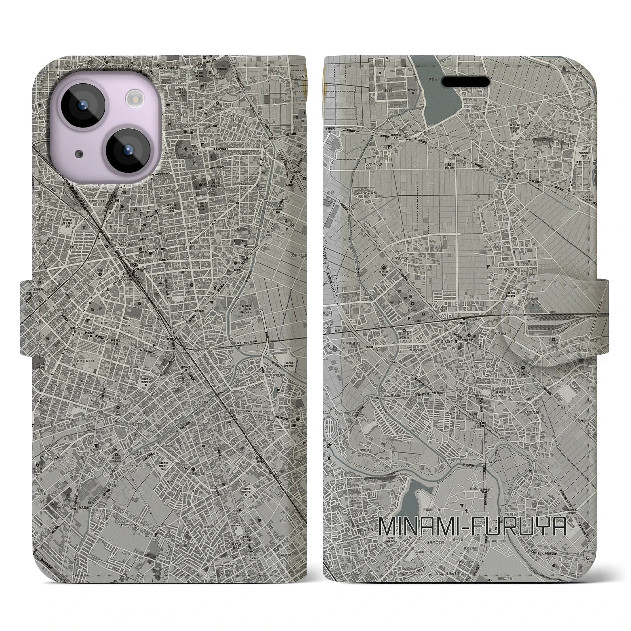 【南古谷(埼玉県)】地図柄iPhoneケース(手帳タイプ)モノトーン・iPhone 14 用