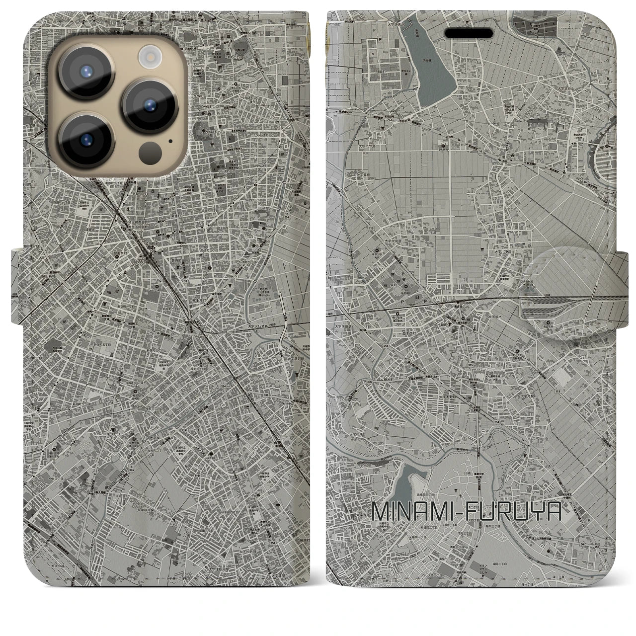 【南古谷(埼玉県)】地図柄iPhoneケース(手帳タイプ)モノトーン・iPhone 14 Pro Max 用