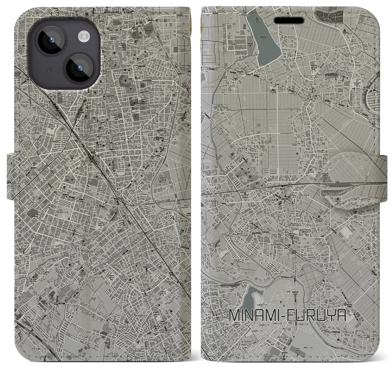 【南古谷(埼玉県)】地図柄iPhoneケース(手帳タイプ)モノトーン・iPhone 14 Plus 用