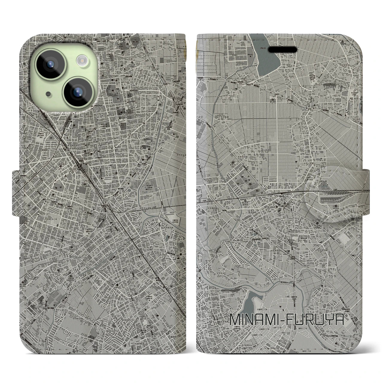 【南古谷(埼玉県)】地図柄iPhoneケース(手帳タイプ)モノトーン・iPhone 15 用