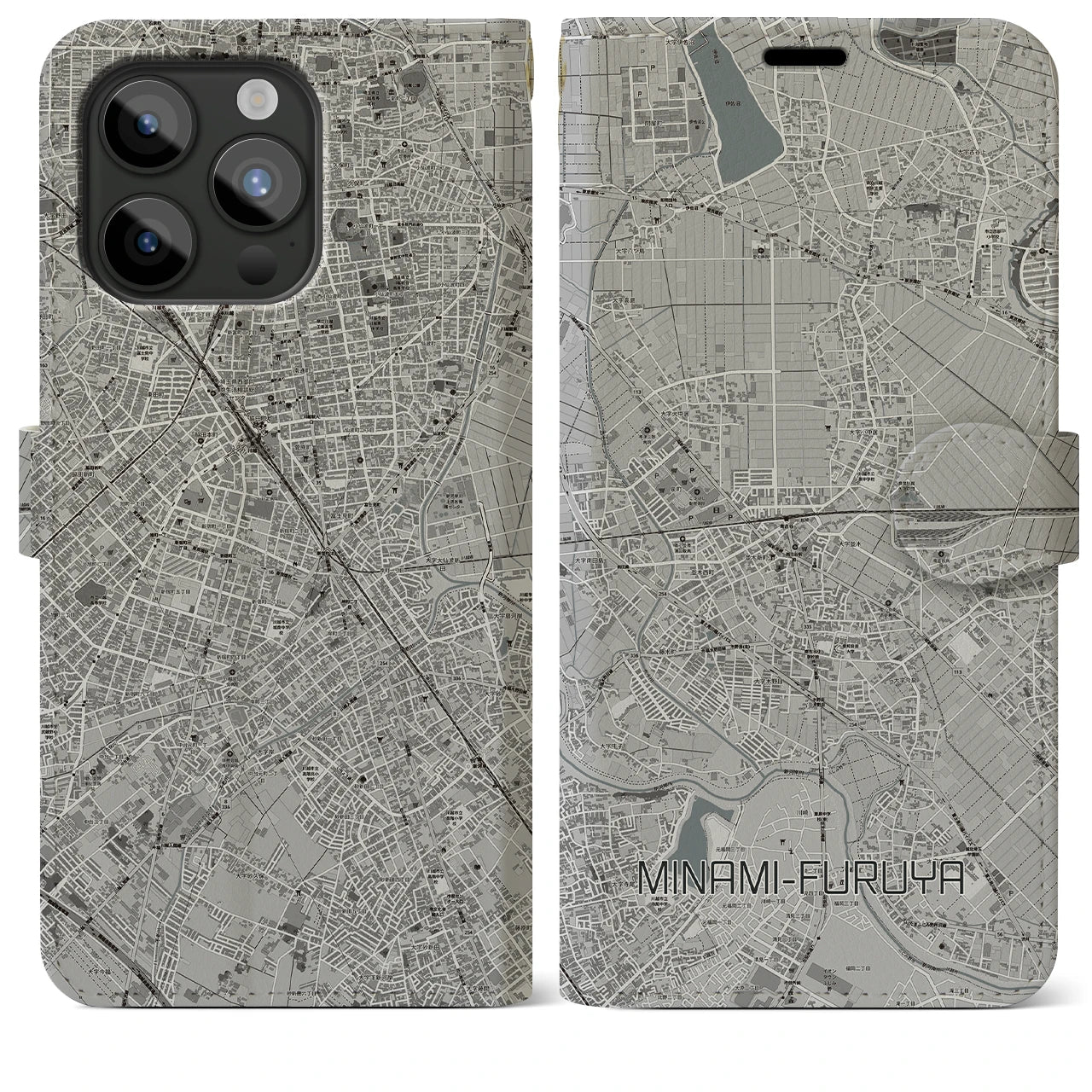 【南古谷(埼玉県)】地図柄iPhoneケース(手帳タイプ)モノトーン・iPhone 15 Pro Max 用