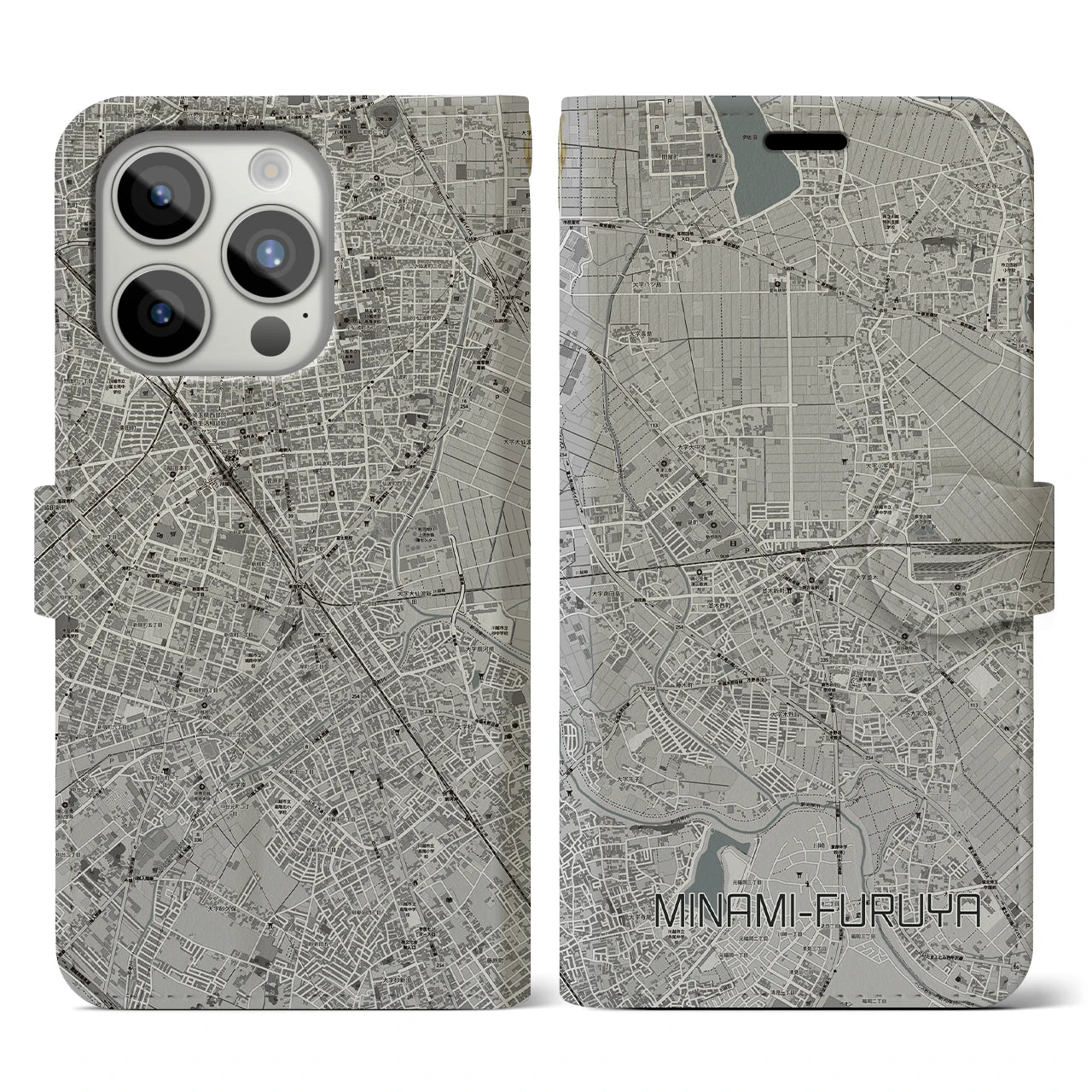 【南古谷(埼玉県)】地図柄iPhoneケース(手帳タイプ)モノトーン・iPhone 15 Pro 用