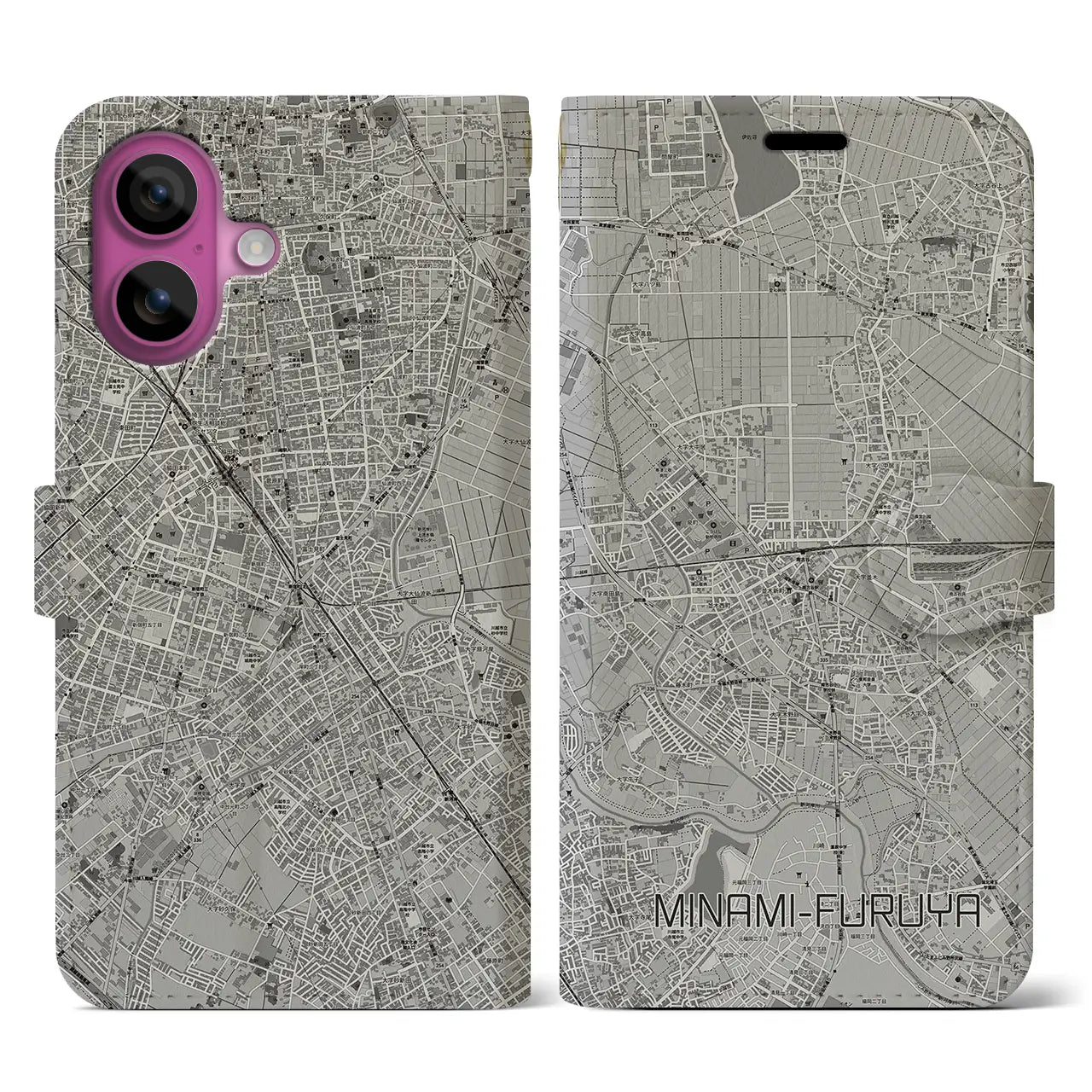 【南古谷(埼玉県)】地図柄iPhoneケース(手帳タイプ)モノトーン・iPhone 16 Pro 用