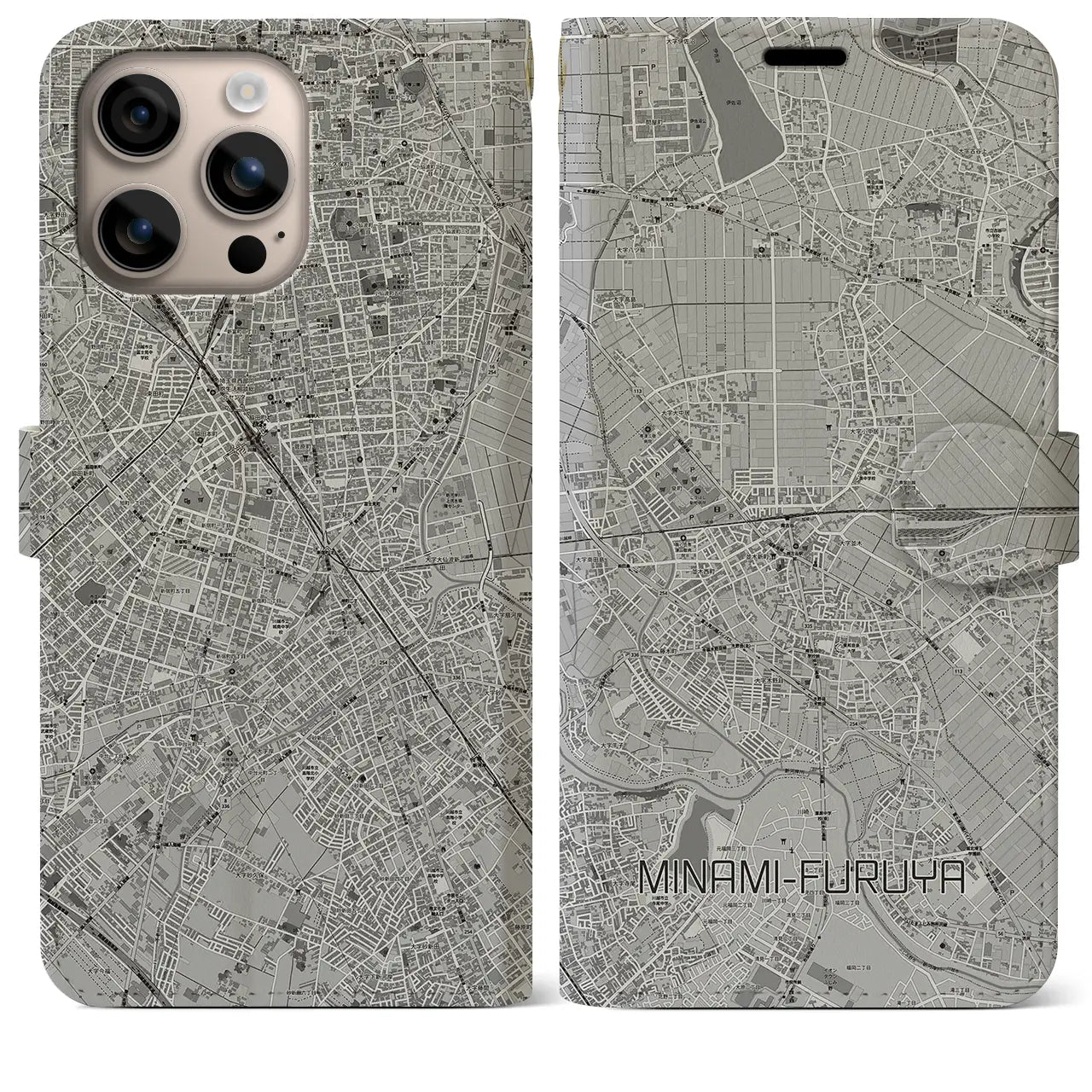 【南古谷(埼玉県)】地図柄iPhoneケース(手帳タイプ)モノトーン・iPhone 16 Plus 用