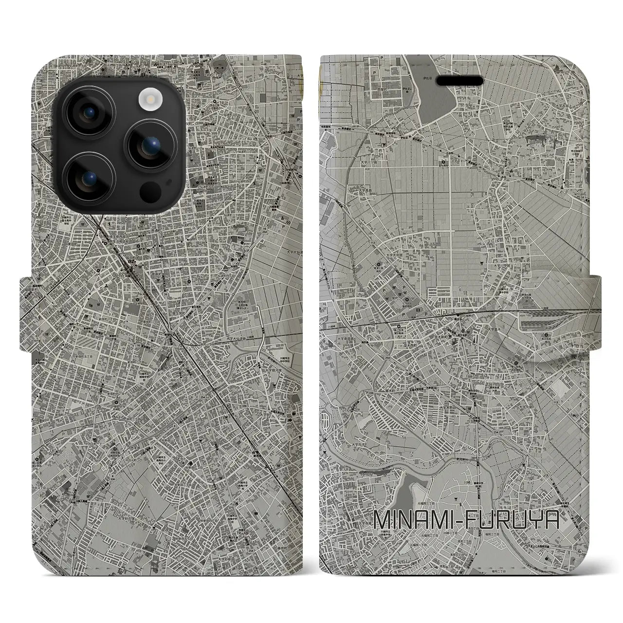 【南古谷(埼玉県)】地図柄iPhoneケース(手帳タイプ)モノトーン・iPhone 16 用