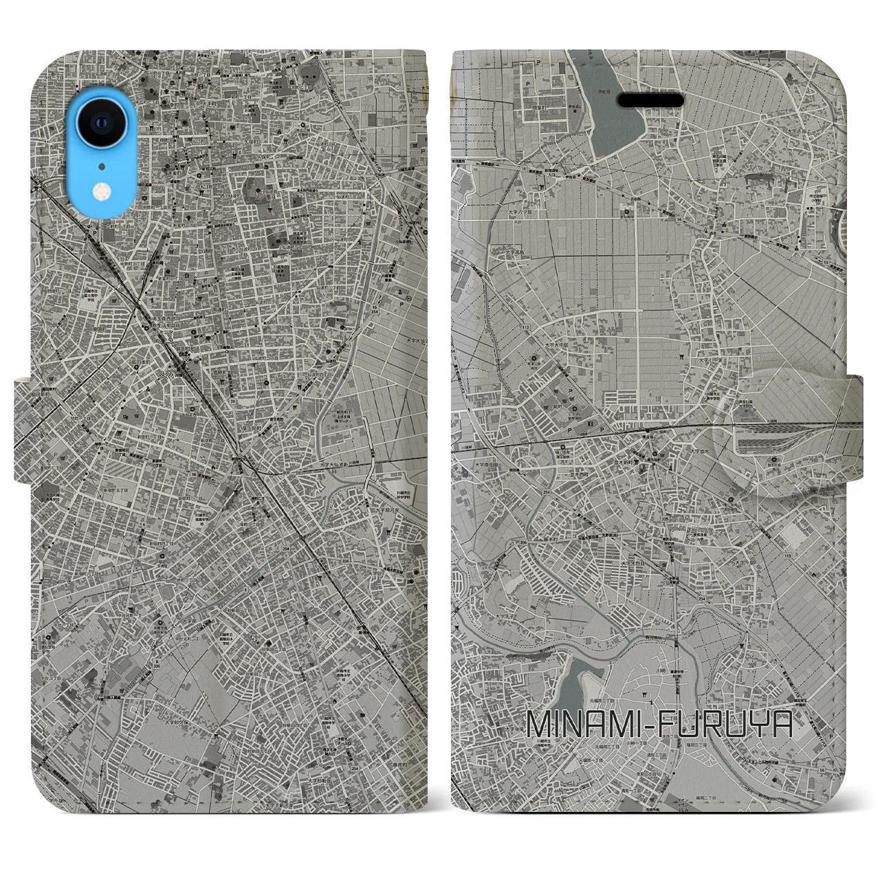 【南古谷(埼玉県)】地図柄iPhoneケース(手帳タイプ)モノトーン・iPhone XR 用