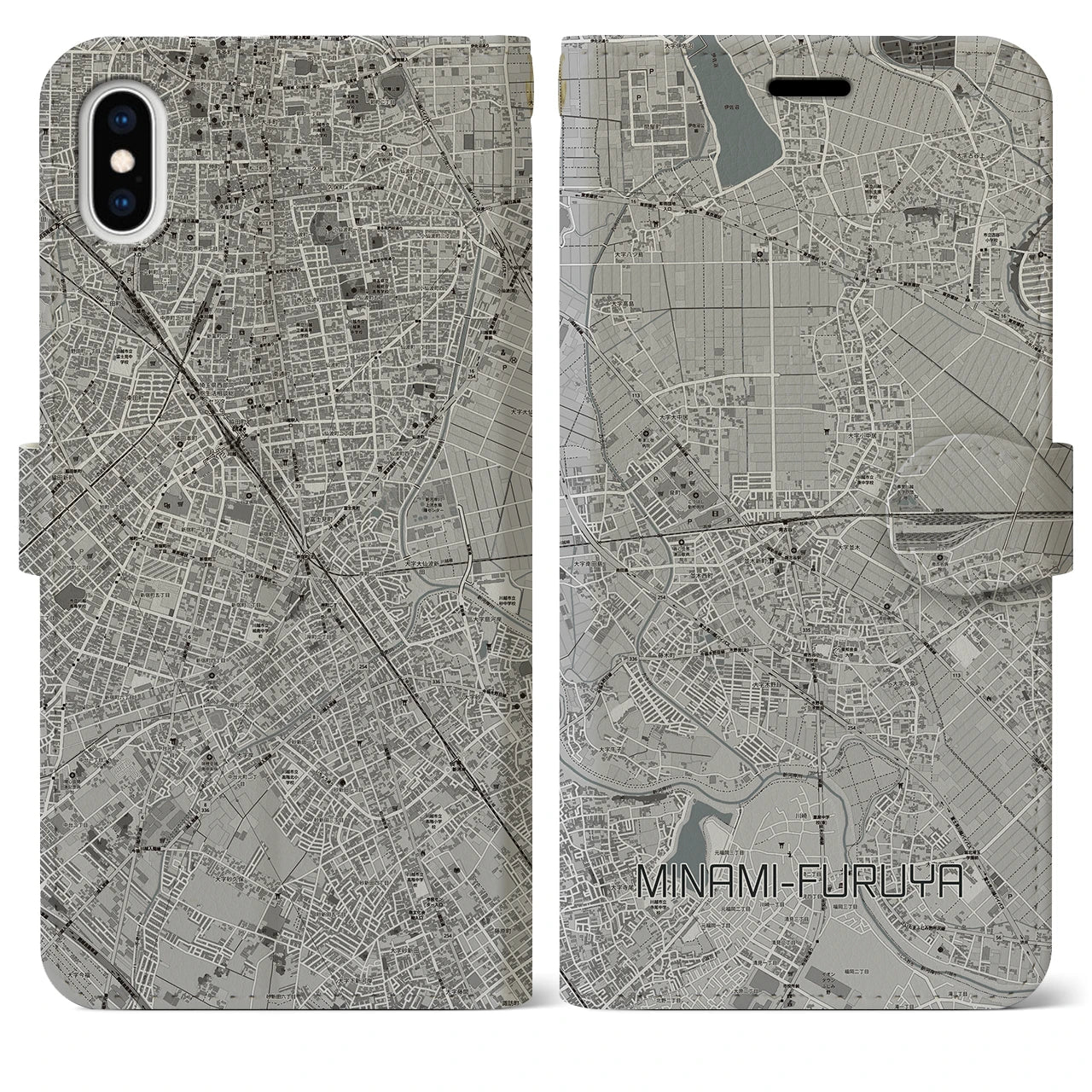 【南古谷(埼玉県)】地図柄iPhoneケース(手帳タイプ)モノトーン・iPhone XS Max 用