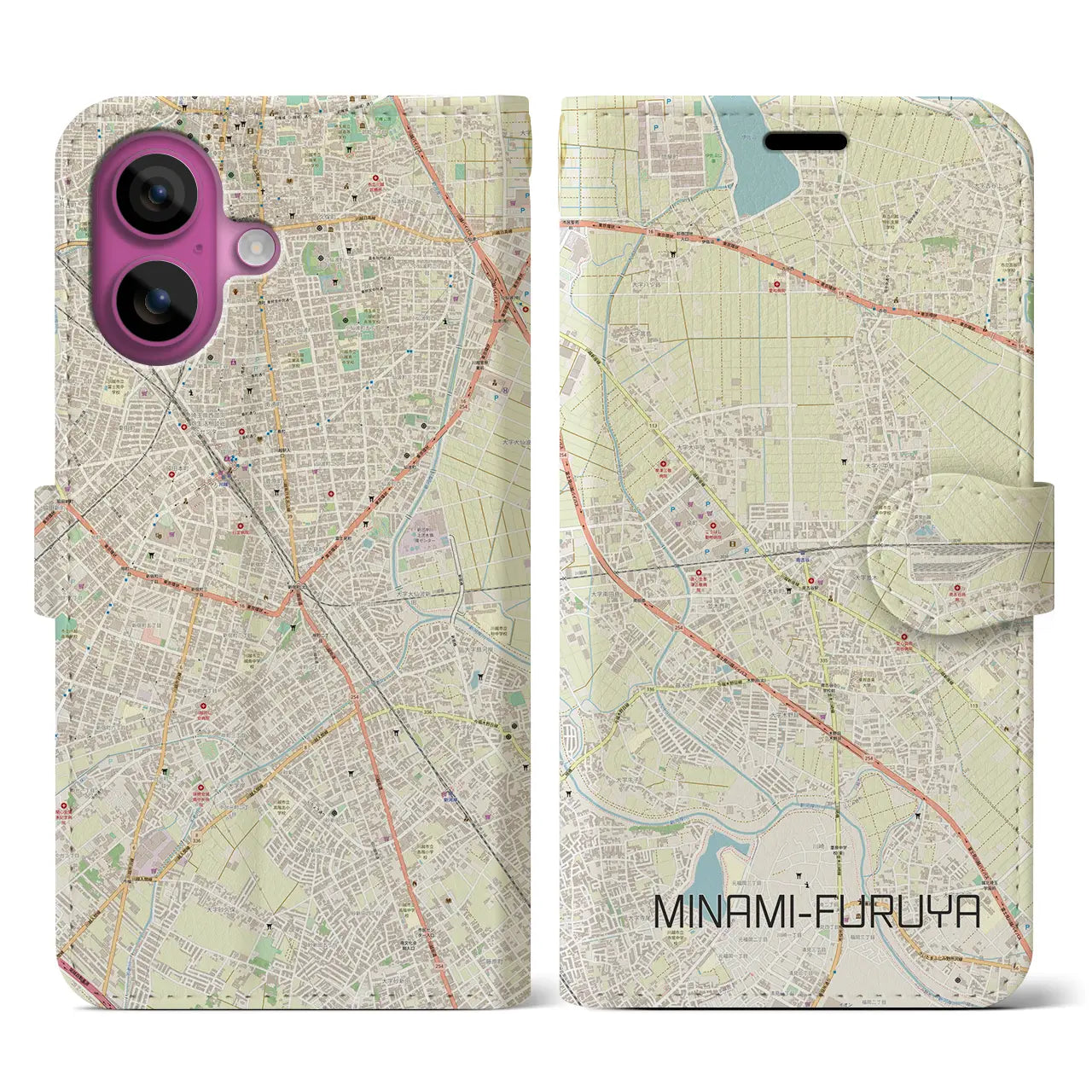 【南古谷(埼玉県)】地図柄iPhoneケース(手帳タイプ)ナチュラル・iPhone 16 Pro 用