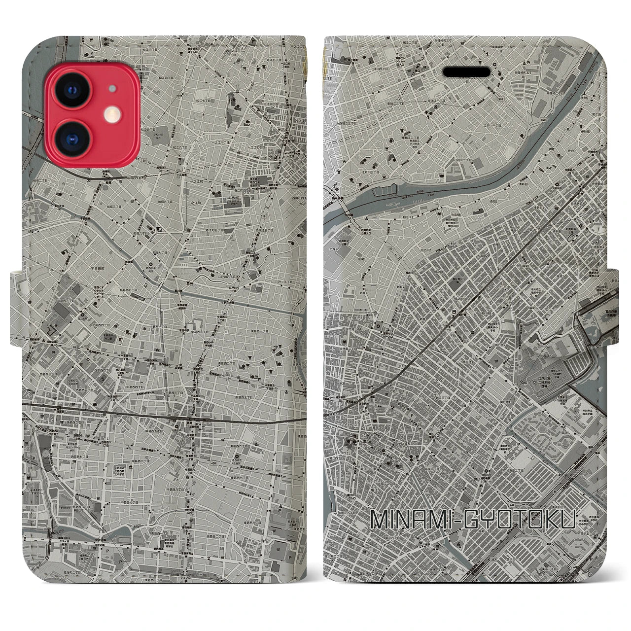 【南行徳(千葉県)】地図柄iPhoneケース(手帳タイプ)モノトーン・iPhone 11 用
