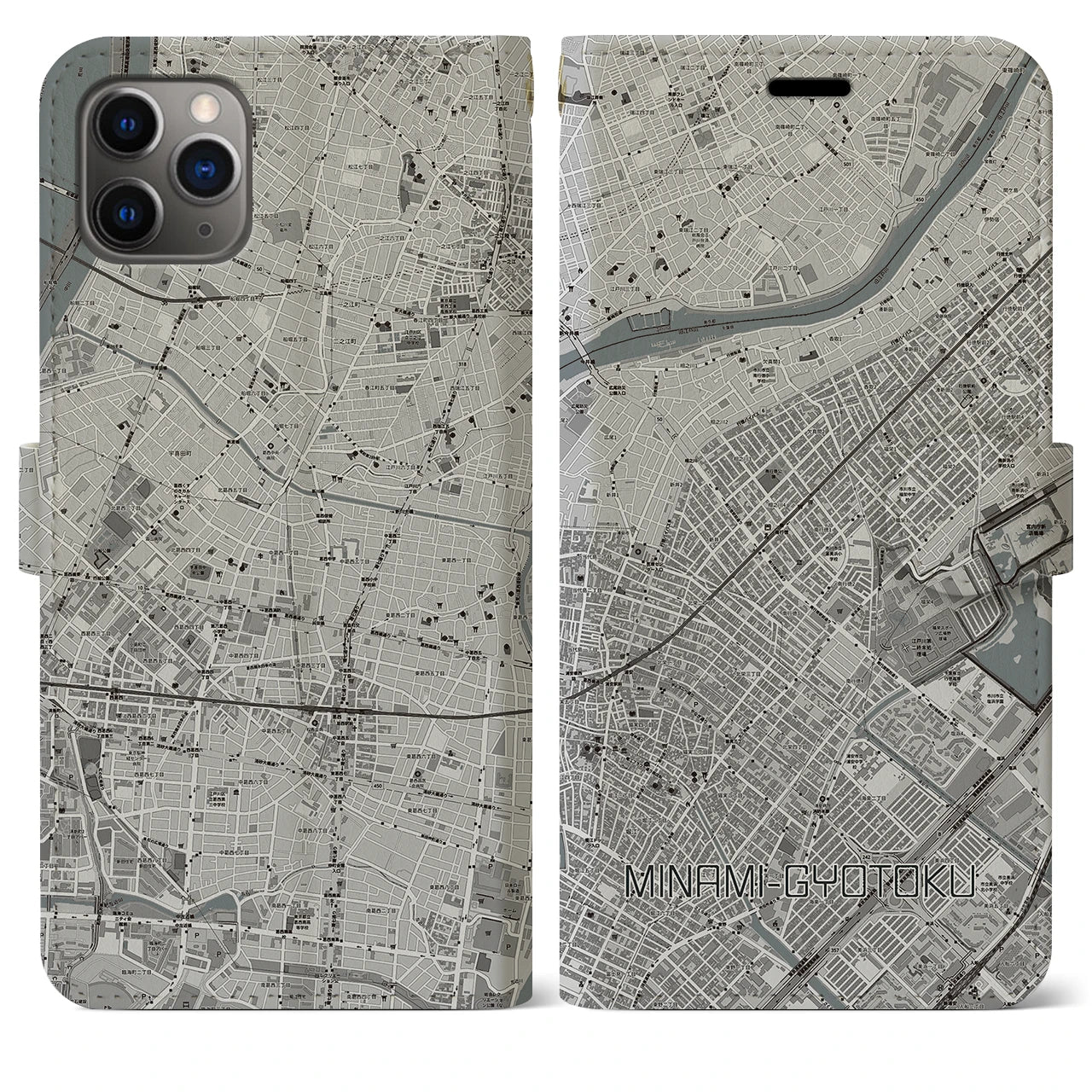 【南行徳(千葉県)】地図柄iPhoneケース(手帳タイプ)モノトーン・iPhone 11 Pro Max 用