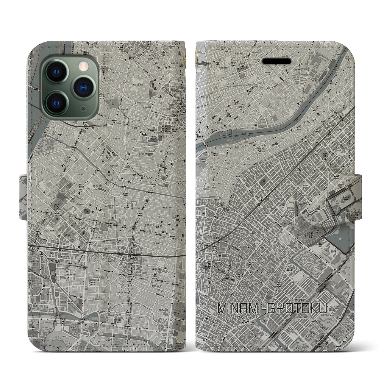 【南行徳(千葉県)】地図柄iPhoneケース(手帳タイプ)モノトーン・iPhone 11 Pro 用