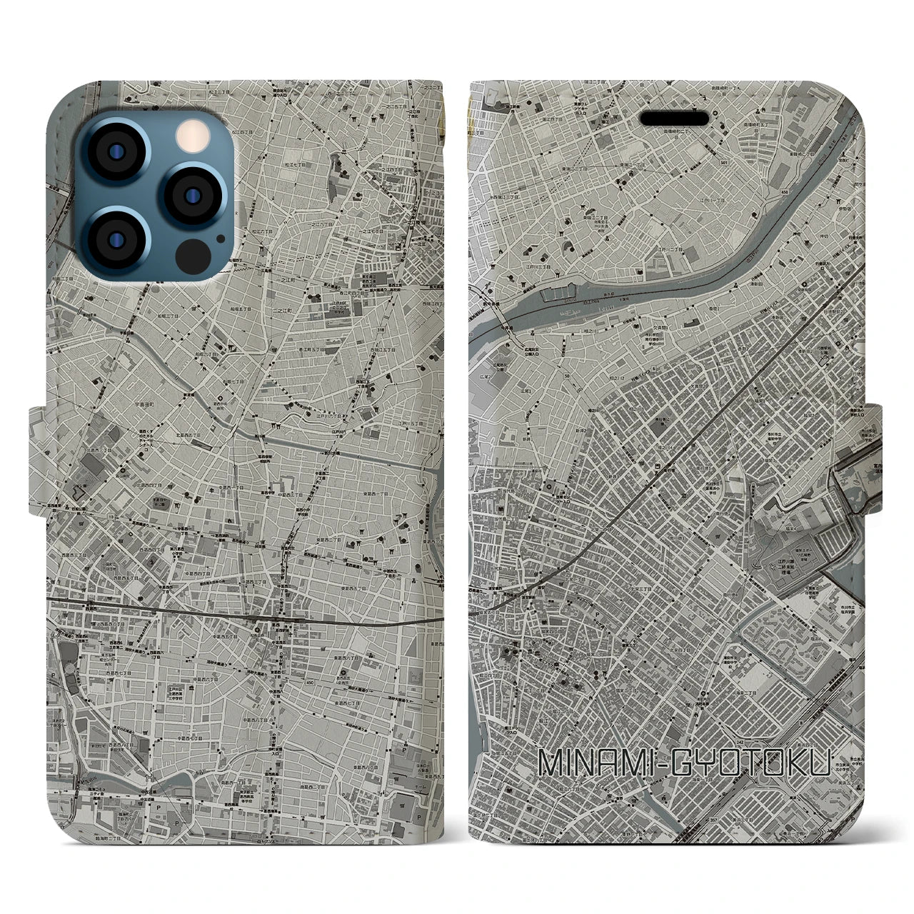 【南行徳(千葉県)】地図柄iPhoneケース(手帳タイプ)モノトーン・iPhone 12 / 12 Pro 用