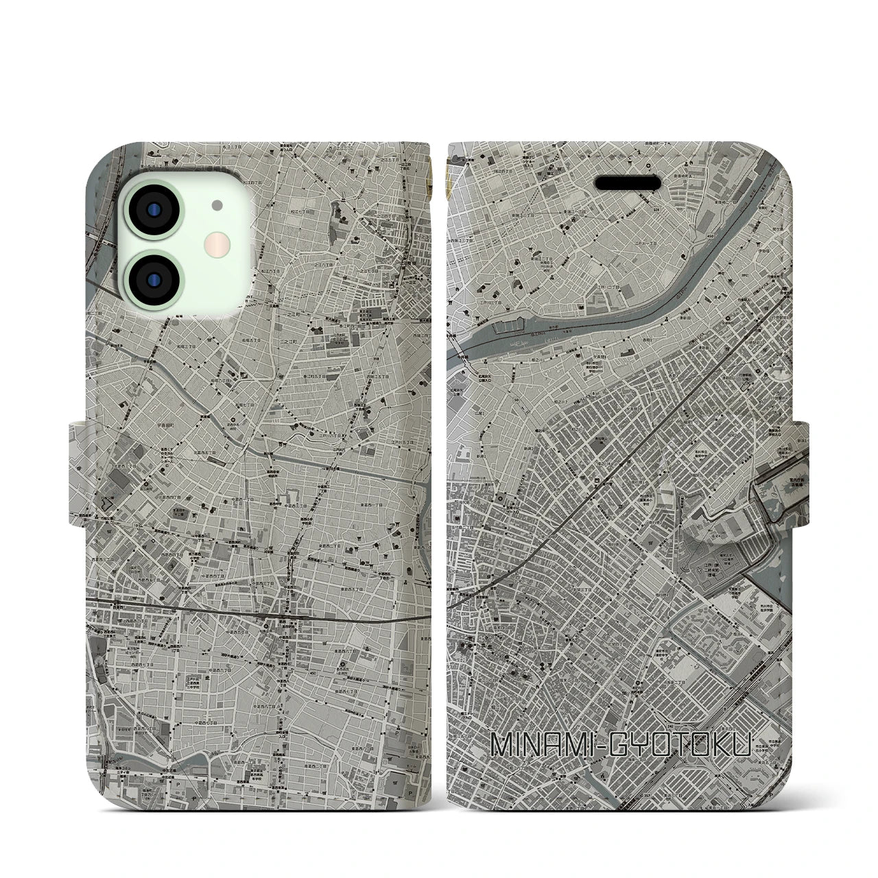 【南行徳(千葉県)】地図柄iPhoneケース(手帳タイプ)モノトーン・iPhone 12 mini 用