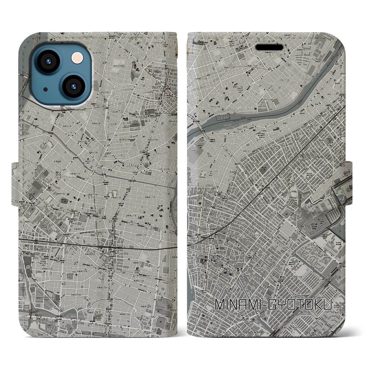 【南行徳(千葉県)】地図柄iPhoneケース(手帳タイプ)モノトーン・iPhone 13 用