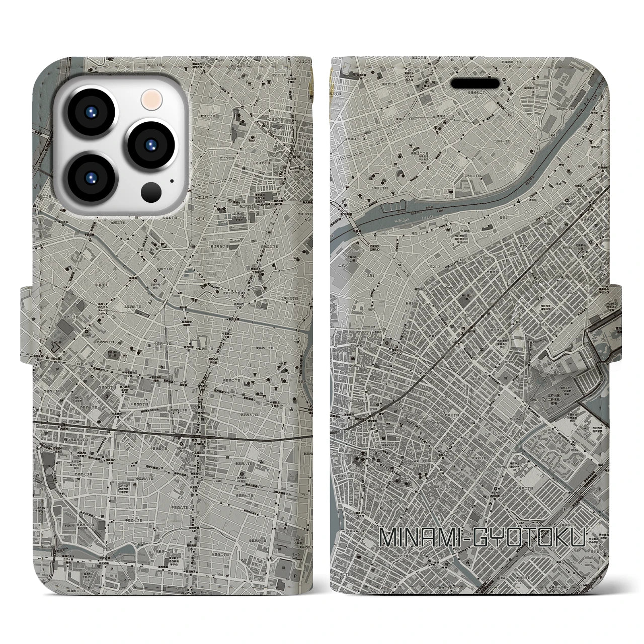 【南行徳(千葉県)】地図柄iPhoneケース(手帳タイプ)モノトーン・iPhone 13 Pro 用