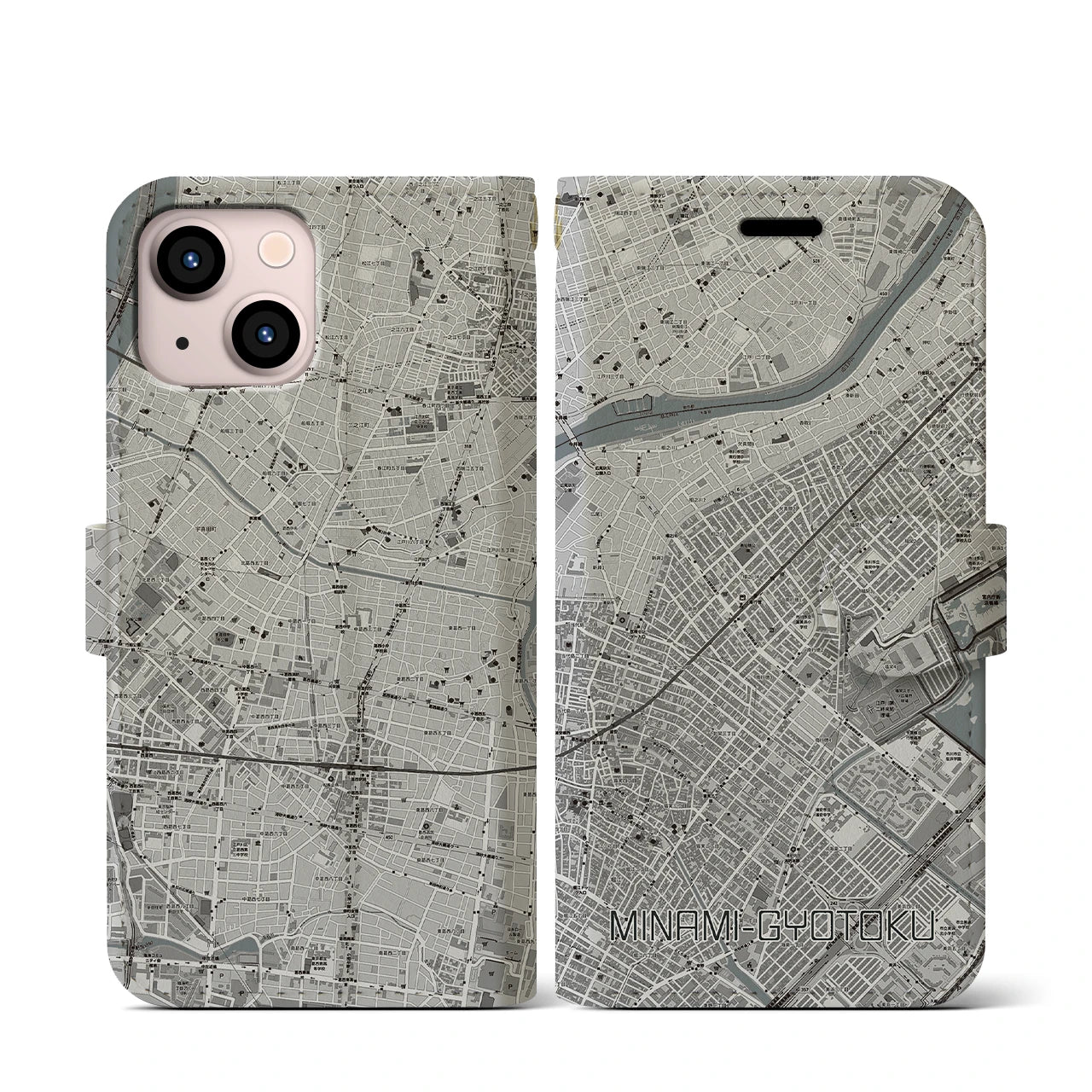 【南行徳(千葉県)】地図柄iPhoneケース(手帳タイプ)モノトーン・iPhone 13 mini 用