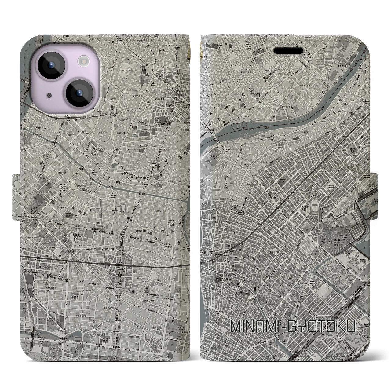 【南行徳(千葉県)】地図柄iPhoneケース(手帳タイプ)モノトーン・iPhone 14 用