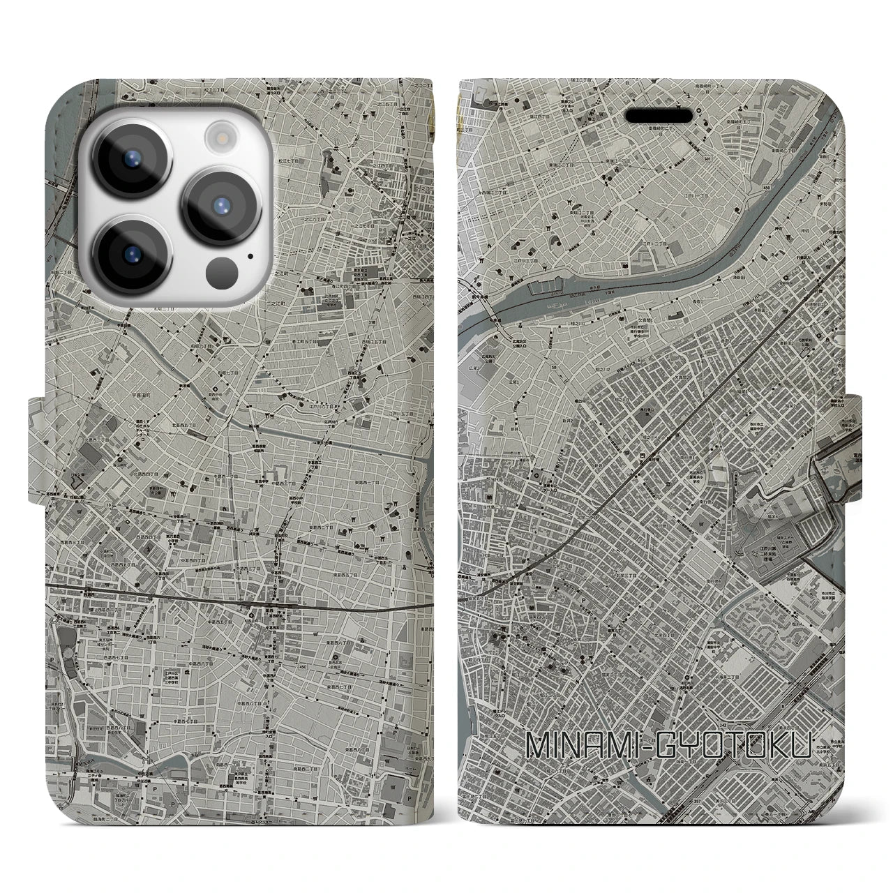 【南行徳(千葉県)】地図柄iPhoneケース(手帳タイプ)モノトーン・iPhone 14 Pro 用