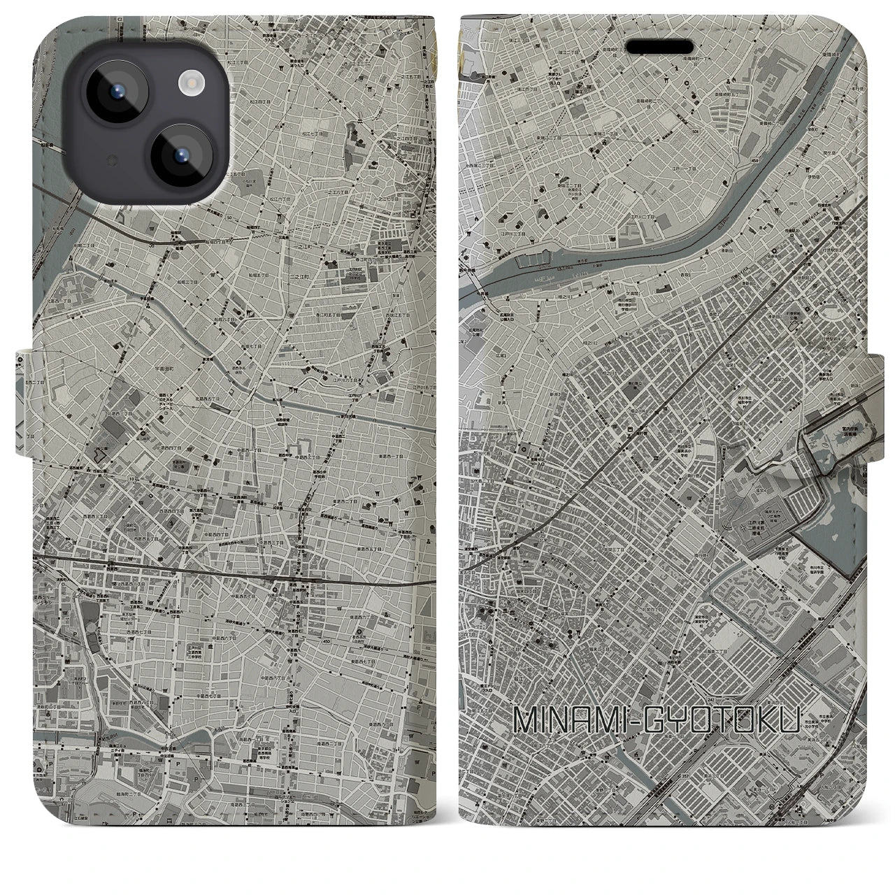 【南行徳(千葉県)】地図柄iPhoneケース(手帳タイプ)モノトーン・iPhone 14 Plus 用