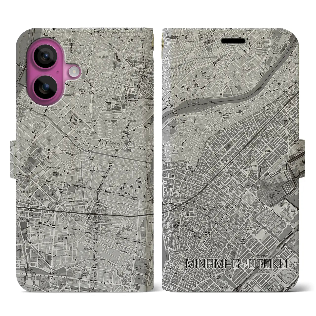 【南行徳(千葉県)】地図柄iPhoneケース(手帳タイプ)モノトーン・iPhone 16 Pro 用