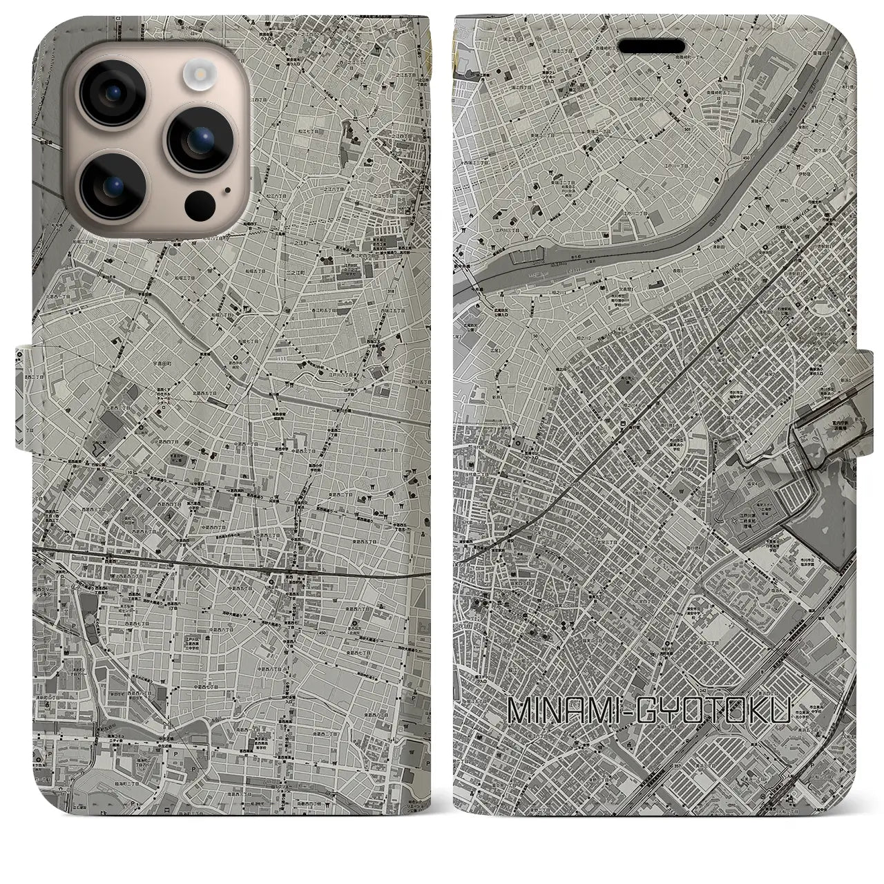 【南行徳(千葉県)】地図柄iPhoneケース(手帳タイプ)モノトーン・iPhone 16 Plus 用