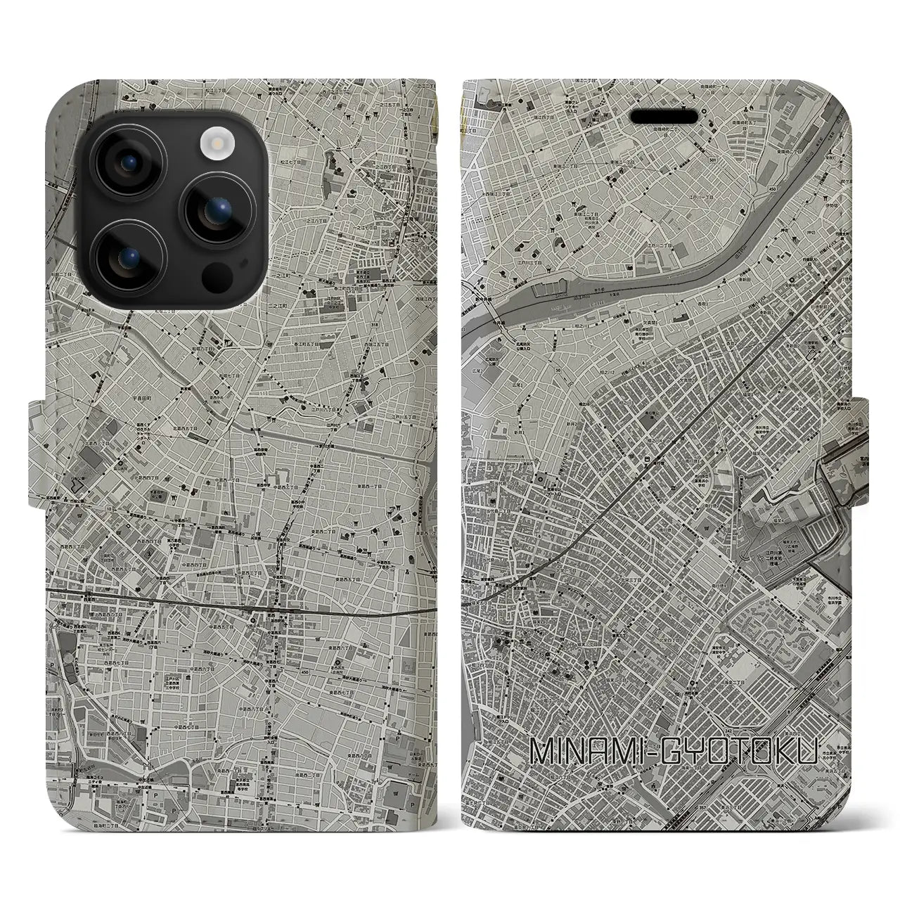 【南行徳(千葉県)】地図柄iPhoneケース(手帳タイプ)モノトーン・iPhone 16 用