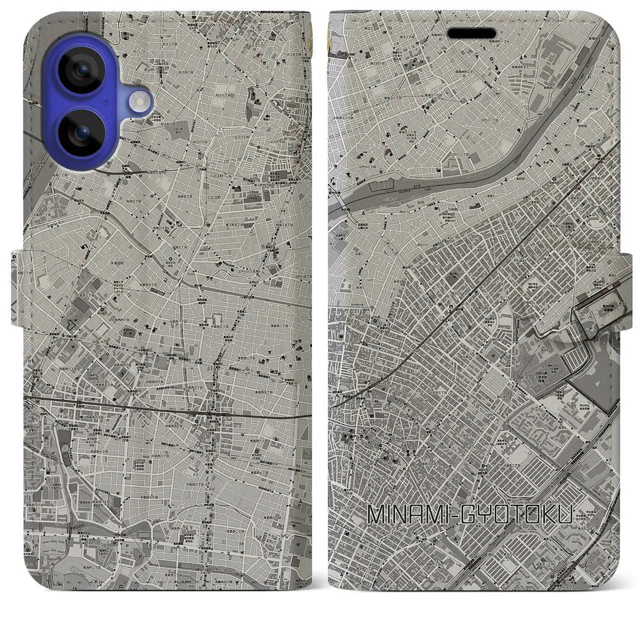 【南行徳(千葉県)】地図柄iPhoneケース(手帳タイプ)モノトーン・iPhone 16 Pro Max 用
