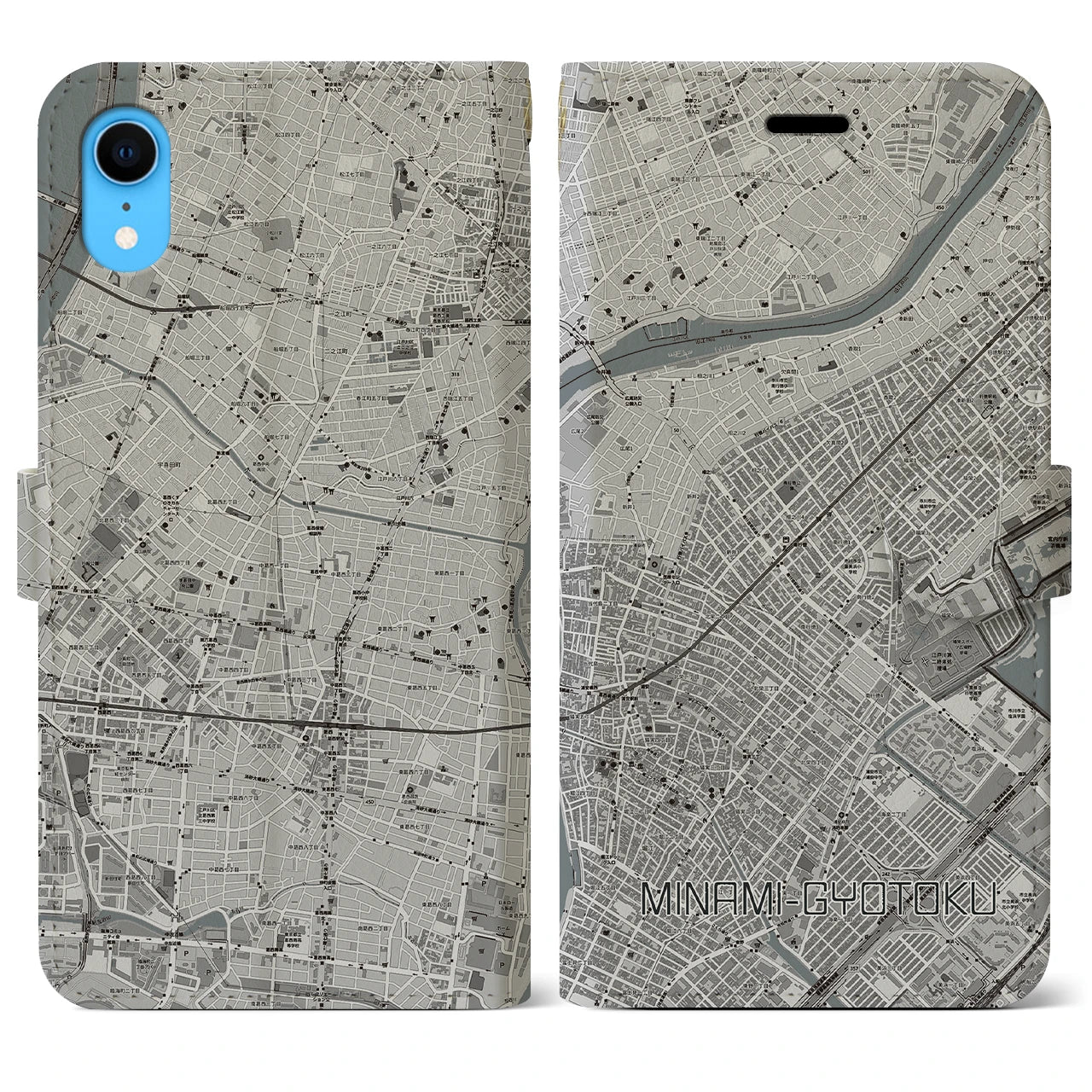 【南行徳(千葉県)】地図柄iPhoneケース(手帳タイプ)モノトーン・iPhone XR 用