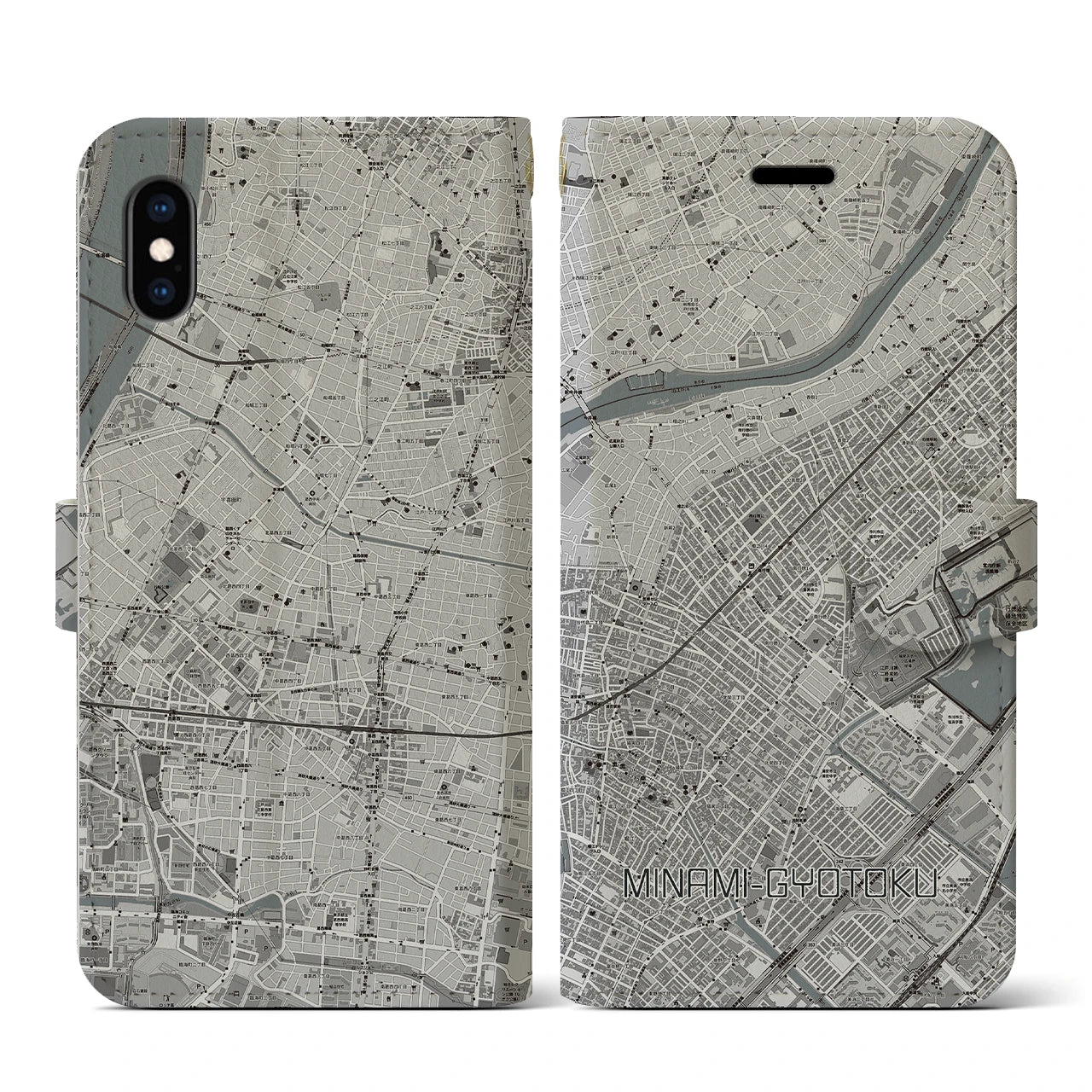 【南行徳(千葉県)】地図柄iPhoneケース(手帳タイプ)モノトーン・iPhone XS / X 用
