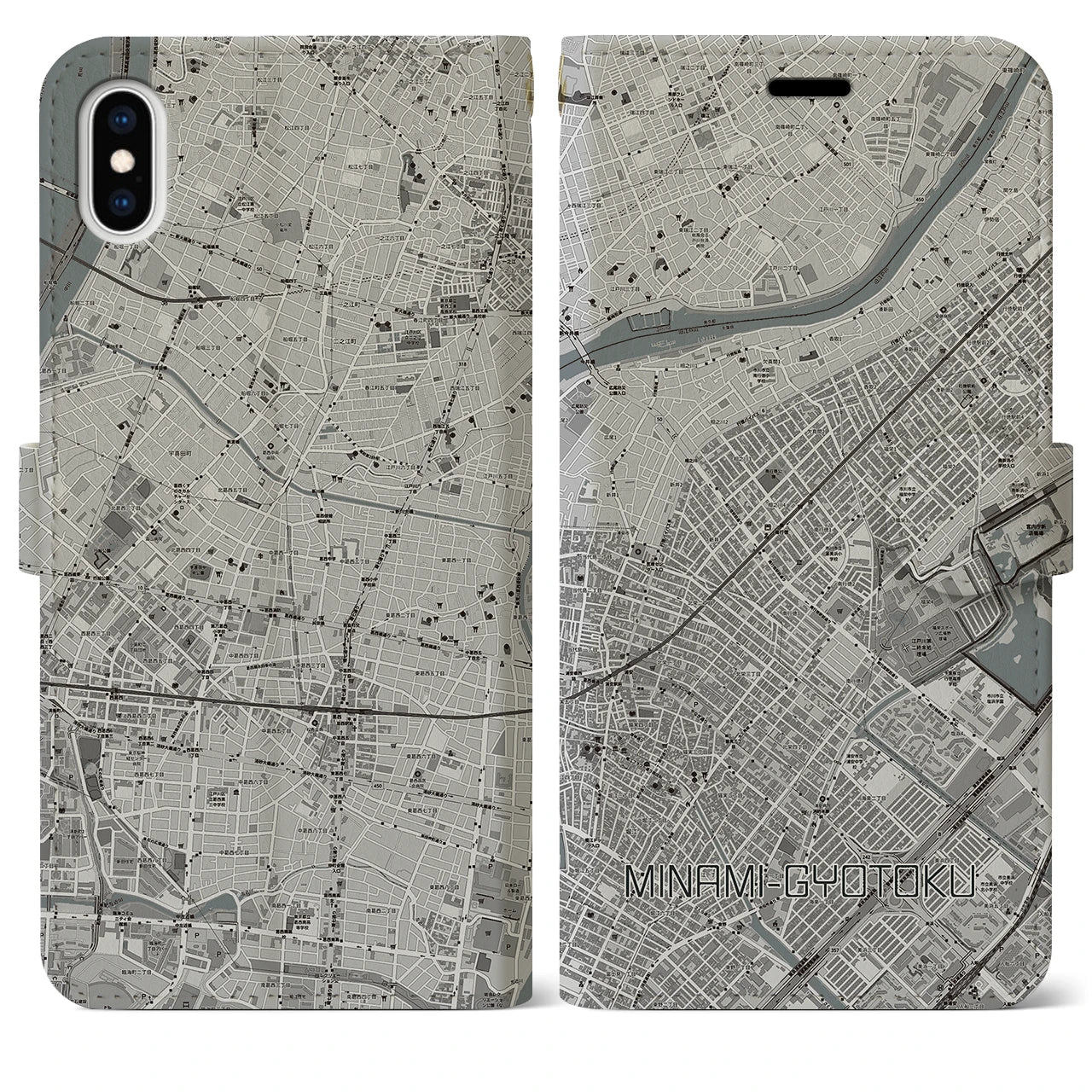 【南行徳(千葉県)】地図柄iPhoneケース(手帳タイプ)モノトーン・iPhone XS Max 用