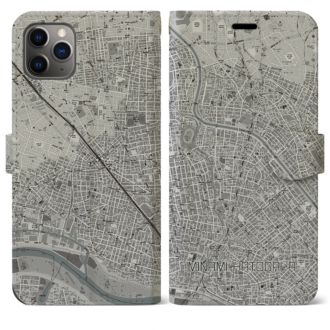 【南鳩ヶ谷(埼玉県)】地図柄iPhoneケース(手帳タイプ)モノトーン・iPhone 11 Pro Max 用