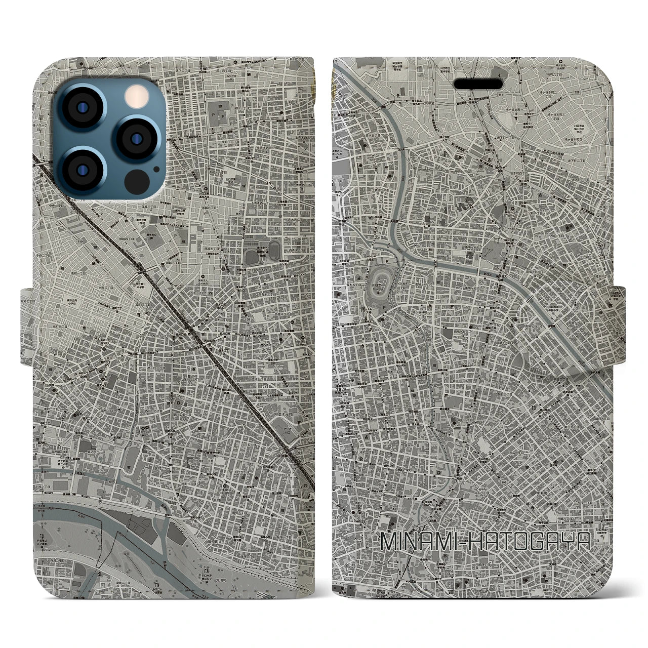 【南鳩ヶ谷(埼玉県)】地図柄iPhoneケース(手帳タイプ)モノトーン・iPhone 12 / 12 Pro 用