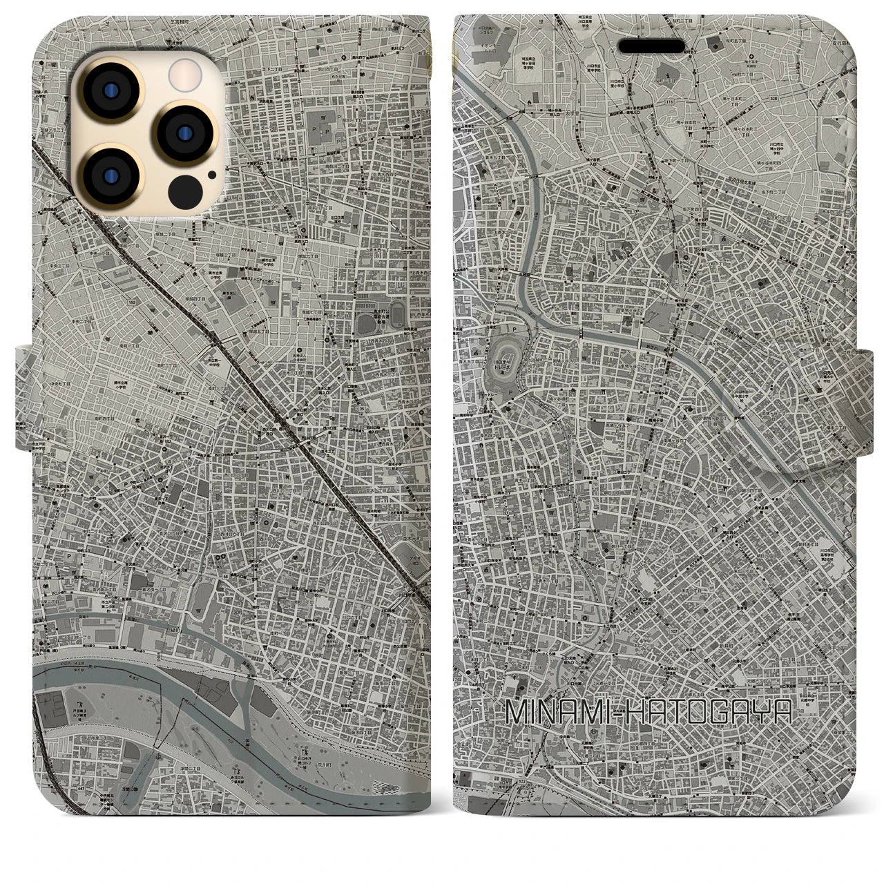 【南鳩ヶ谷(埼玉県)】地図柄iPhoneケース(手帳タイプ)モノトーン・iPhone 12 Pro Max 用