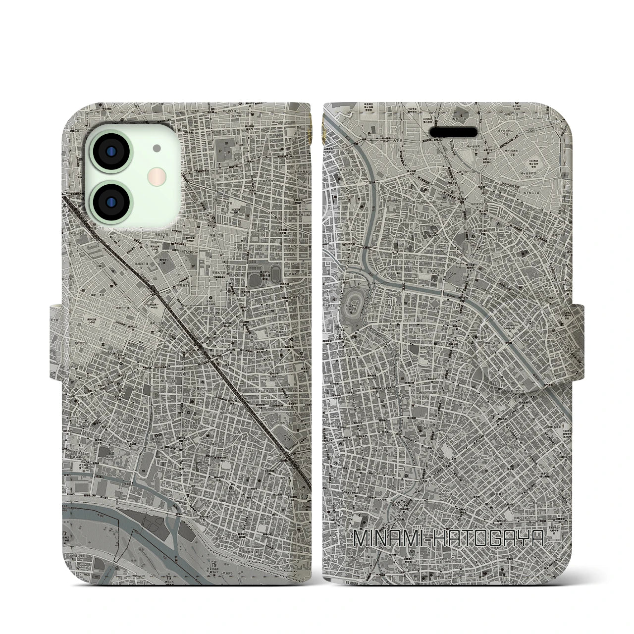 【南鳩ヶ谷(埼玉県)】地図柄iPhoneケース(手帳タイプ)モノトーン・iPhone 12 mini 用