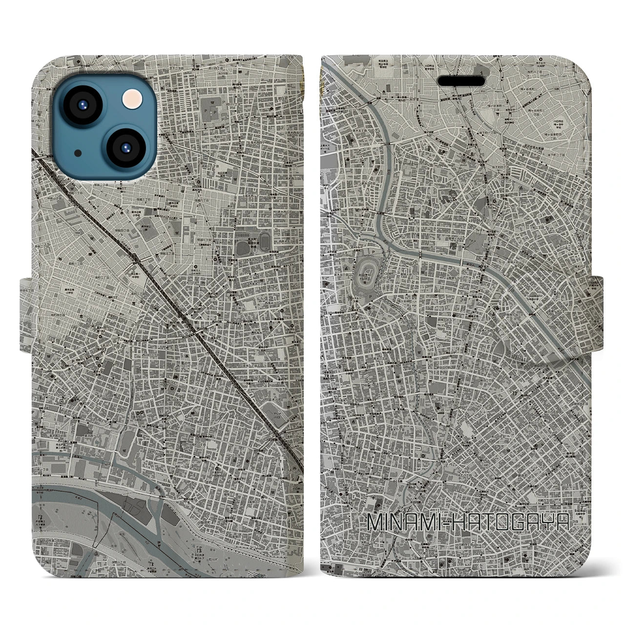 【南鳩ヶ谷(埼玉県)】地図柄iPhoneケース(手帳タイプ)モノトーン・iPhone 13 用