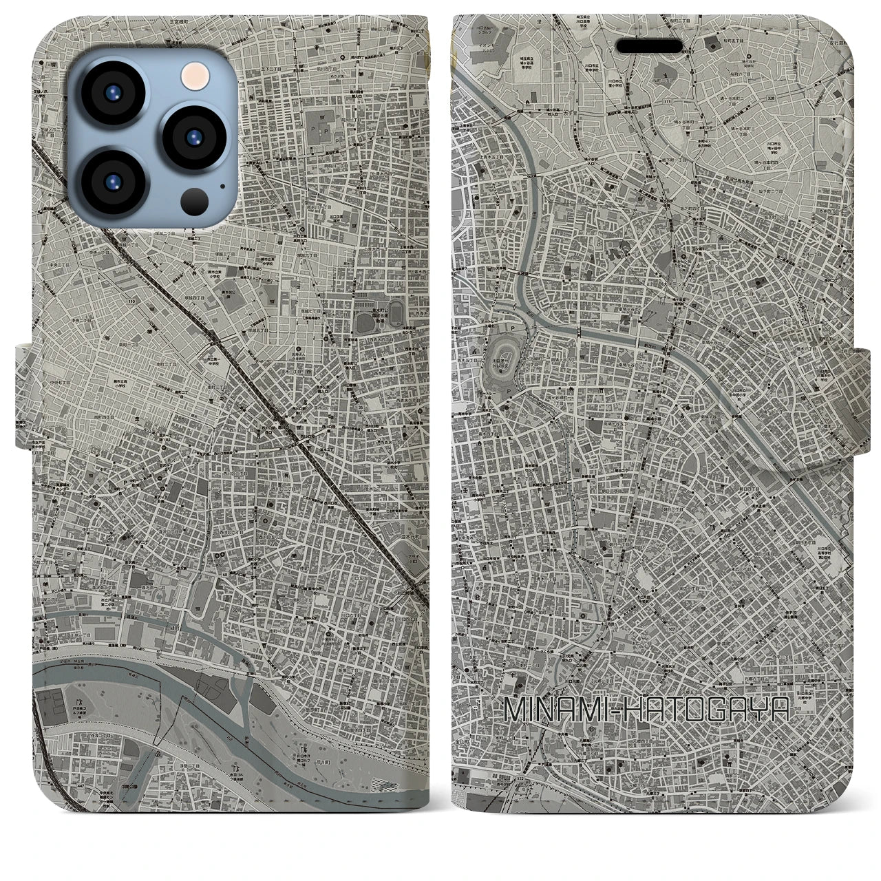 【南鳩ヶ谷(埼玉県)】地図柄iPhoneケース(手帳タイプ)モノトーン・iPhone 13 Pro Max 用