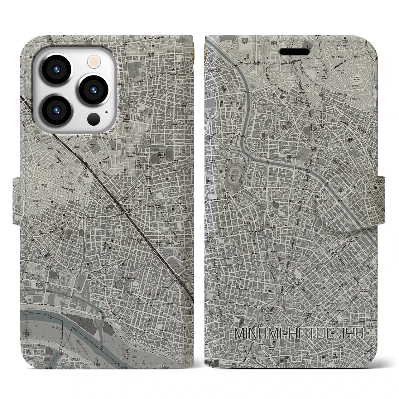 【南鳩ヶ谷(埼玉県)】地図柄iPhoneケース(手帳タイプ)モノトーン・iPhone 13 Pro 用