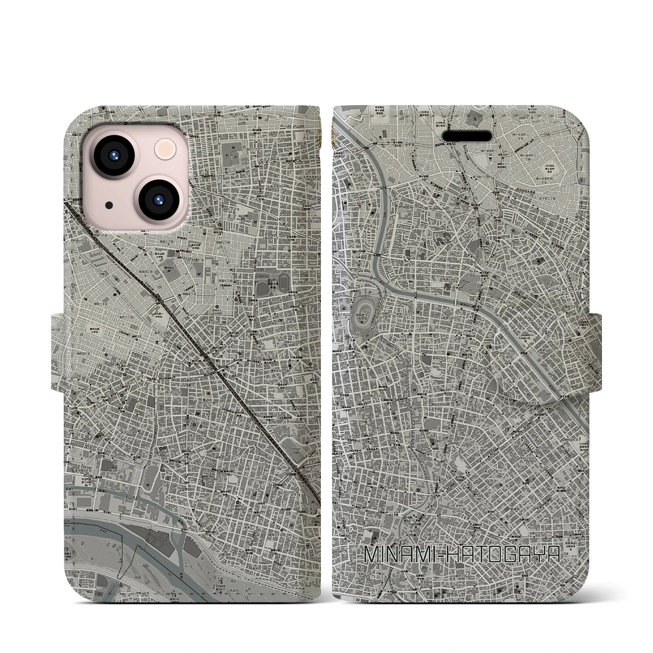 【南鳩ヶ谷(埼玉県)】地図柄iPhoneケース(手帳タイプ)モノトーン・iPhone 13 mini 用