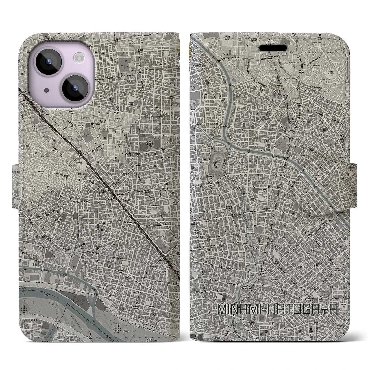 【南鳩ヶ谷(埼玉県)】地図柄iPhoneケース(手帳タイプ)モノトーン・iPhone 14 用