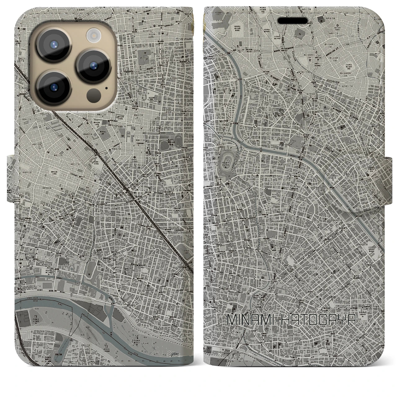【南鳩ヶ谷(埼玉県)】地図柄iPhoneケース(手帳タイプ)モノトーン・iPhone 14 Pro Max 用