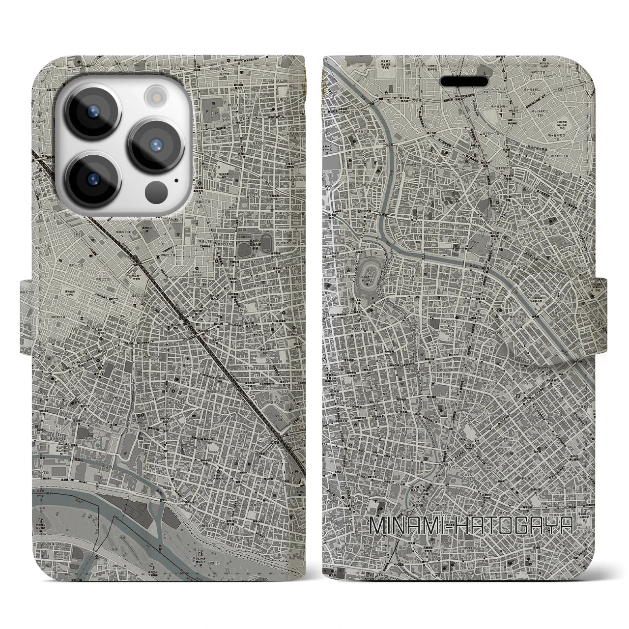 【南鳩ヶ谷(埼玉県)】地図柄iPhoneケース(手帳タイプ)モノトーン・iPhone 14 Pro 用