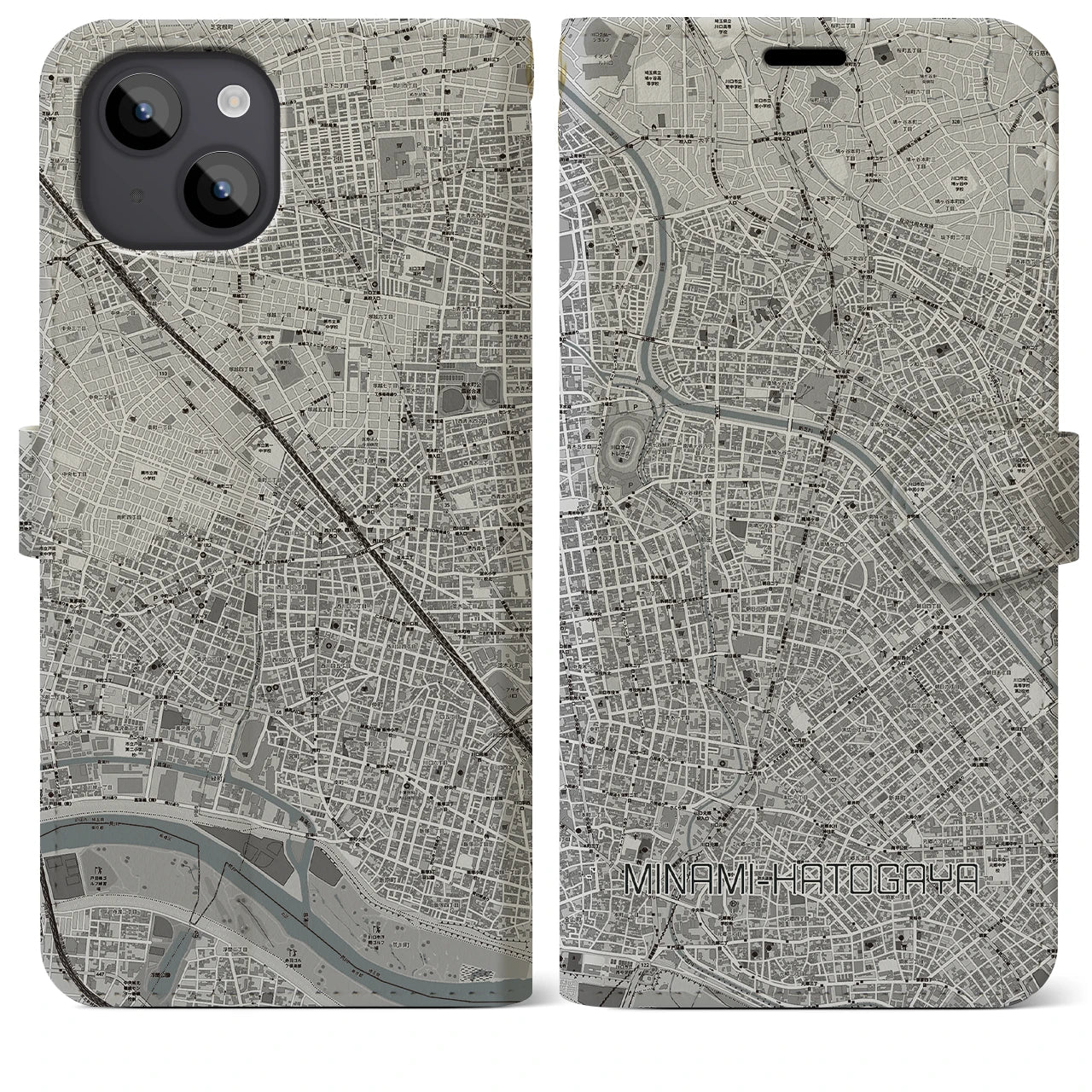 【南鳩ヶ谷(埼玉県)】地図柄iPhoneケース(手帳タイプ)モノトーン・iPhone 14 Plus 用