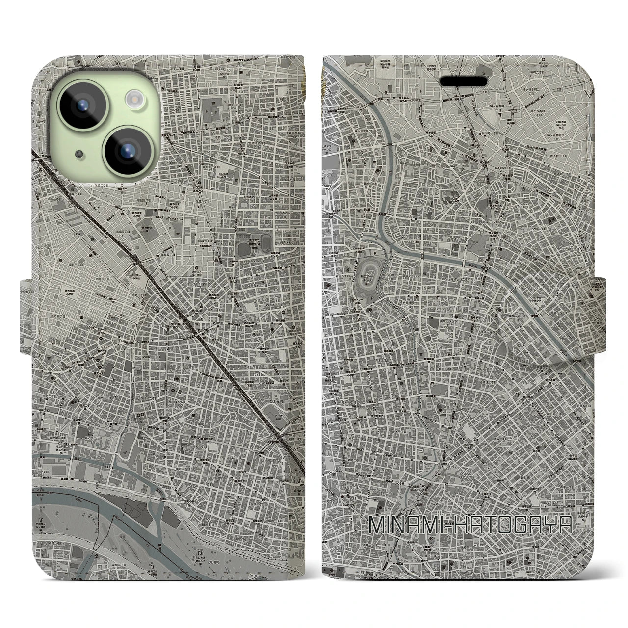 【南鳩ヶ谷(埼玉県)】地図柄iPhoneケース(手帳タイプ)モノトーン・iPhone 15 用