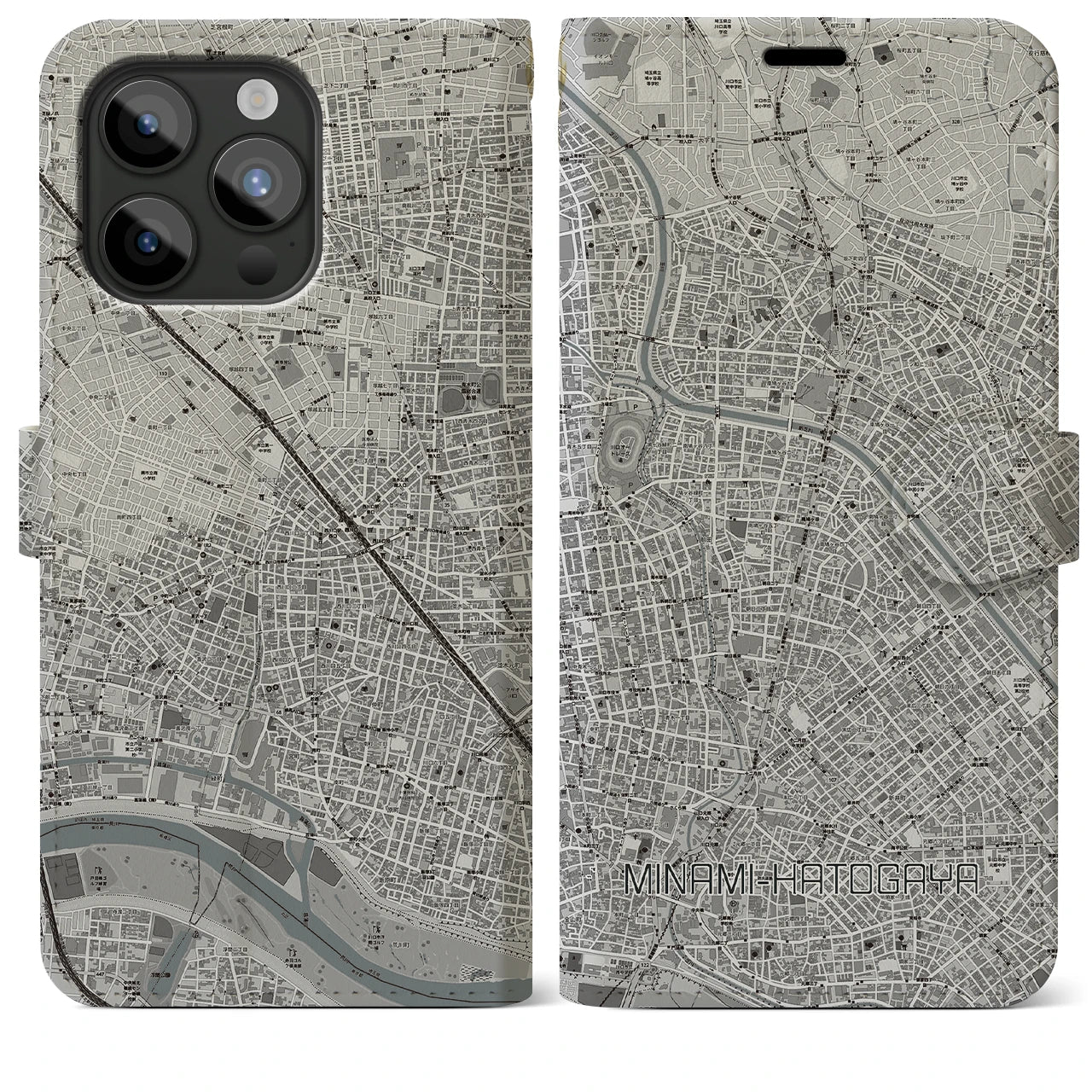 【南鳩ヶ谷(埼玉県)】地図柄iPhoneケース(手帳タイプ)モノトーン・iPhone 15 Pro Max 用